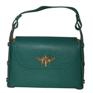 Vera Pelle Green Handbag Bee Clasp Purse Pebbled Leather Made in Italy